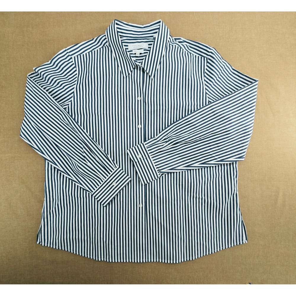 Foxcroft Sz 20 Button Front Blouse Vertical Stripe B&W Long Sleeve Wrinkle Free